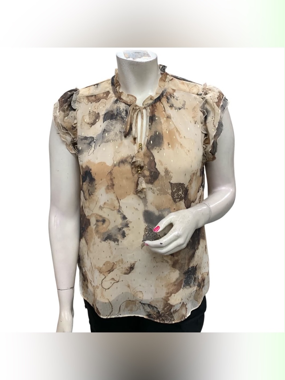 Haver & Blair Tie-Neck Watercolor Ruffle Sleeve Blouse in Neutral Tones Size XL